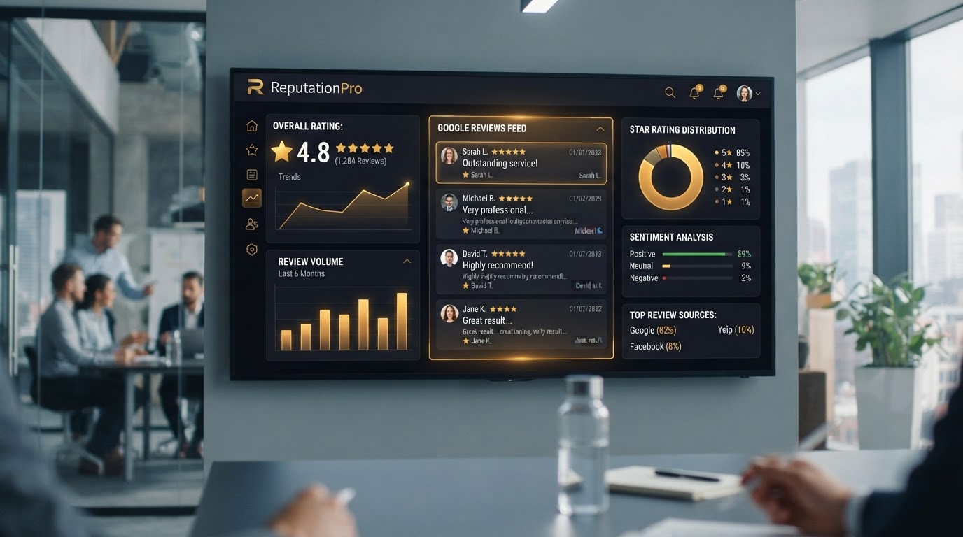 Professional services reputation management dashboard with Google reviews, 5-star ratings, client testimonials and review analytics for law and accounting firms