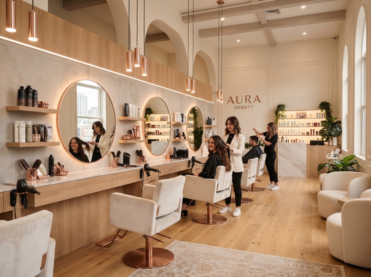 Upscale hair salon interior with styling stations and modern minimalist design