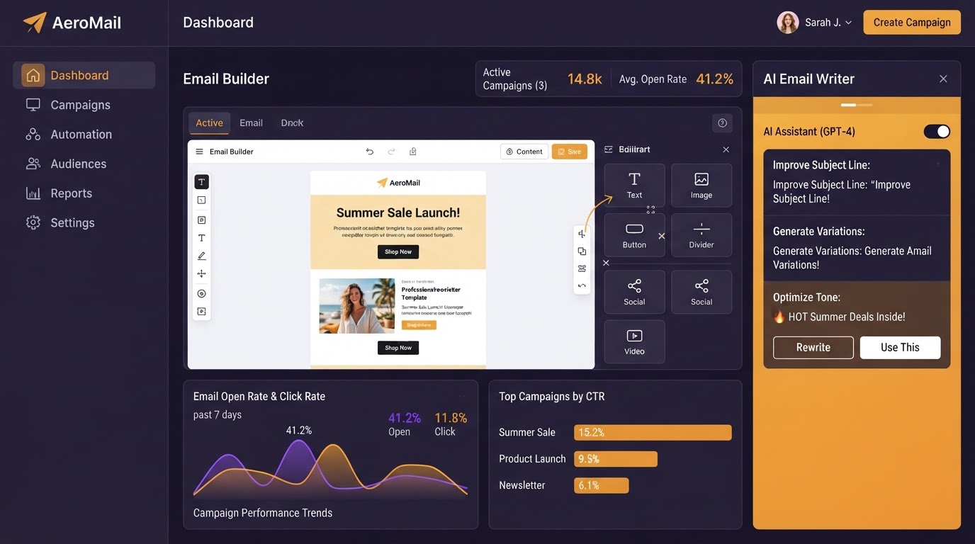 Email marketing campaign builder and analytics dashboard inside DIGI5Y CRM with drag-and-drop editor and AI email writer