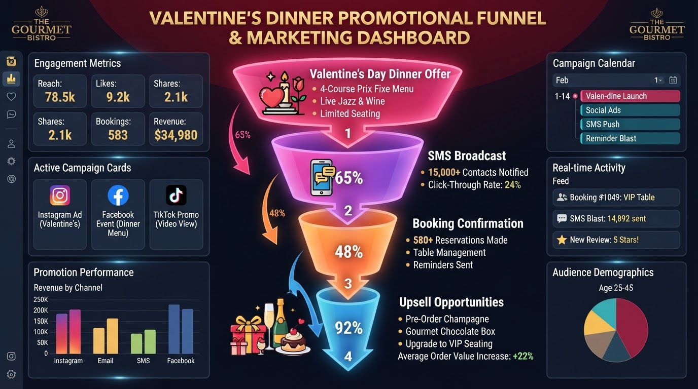 Restaurant promotional funnel with SMS broadcast and event booking flow