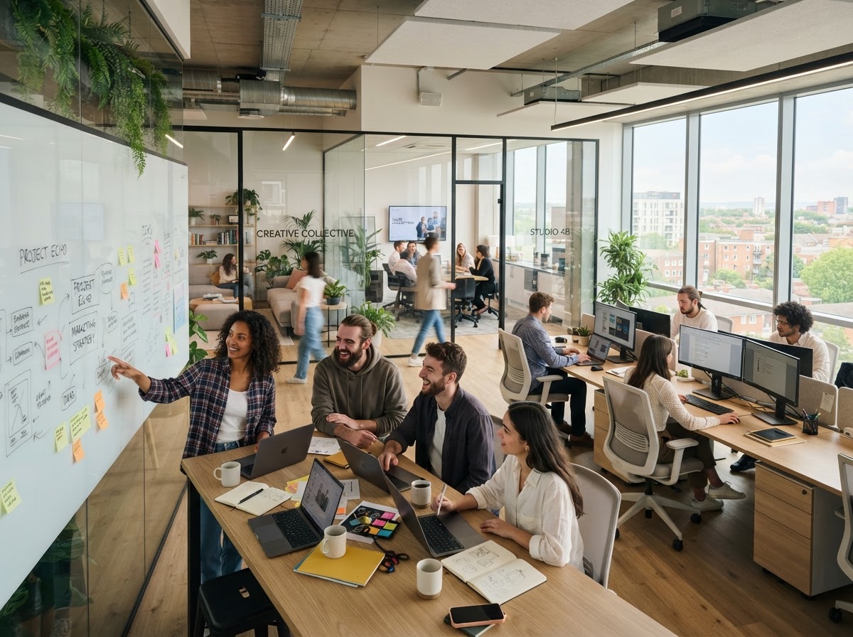 Modern creative agency office with collaborative workstations