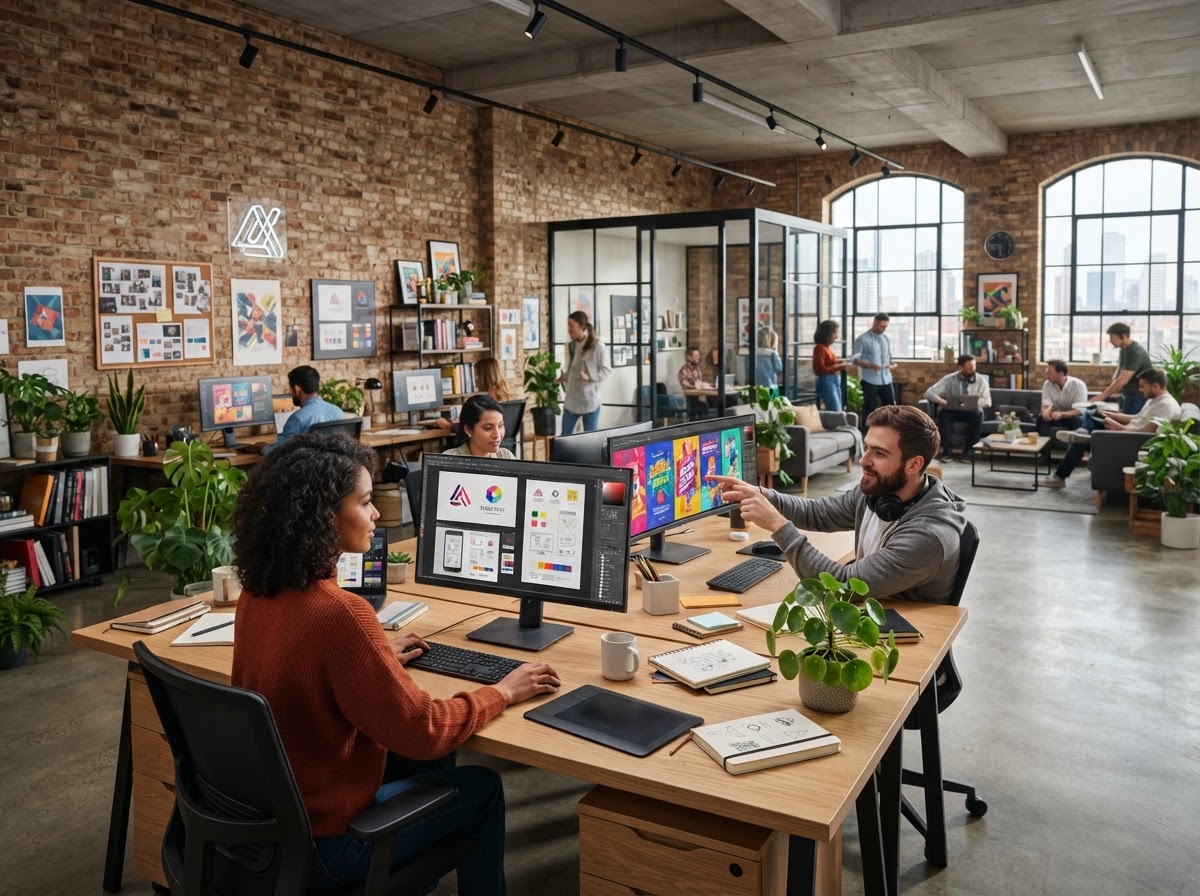 Creative digital advertising agency workspace with designers