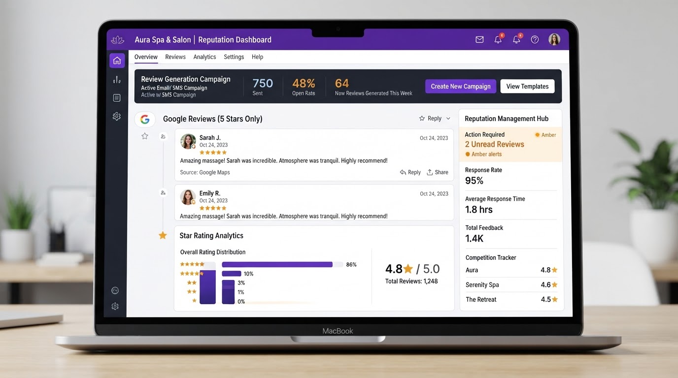 Spa and salon reputation management dashboard with Google reviews and star rating analytics