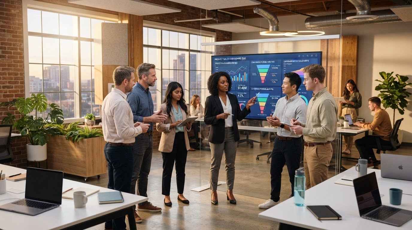 E-commerce marketing team analyzing product sales dashboards, conversion funnels, and customer retention charts on large monitors