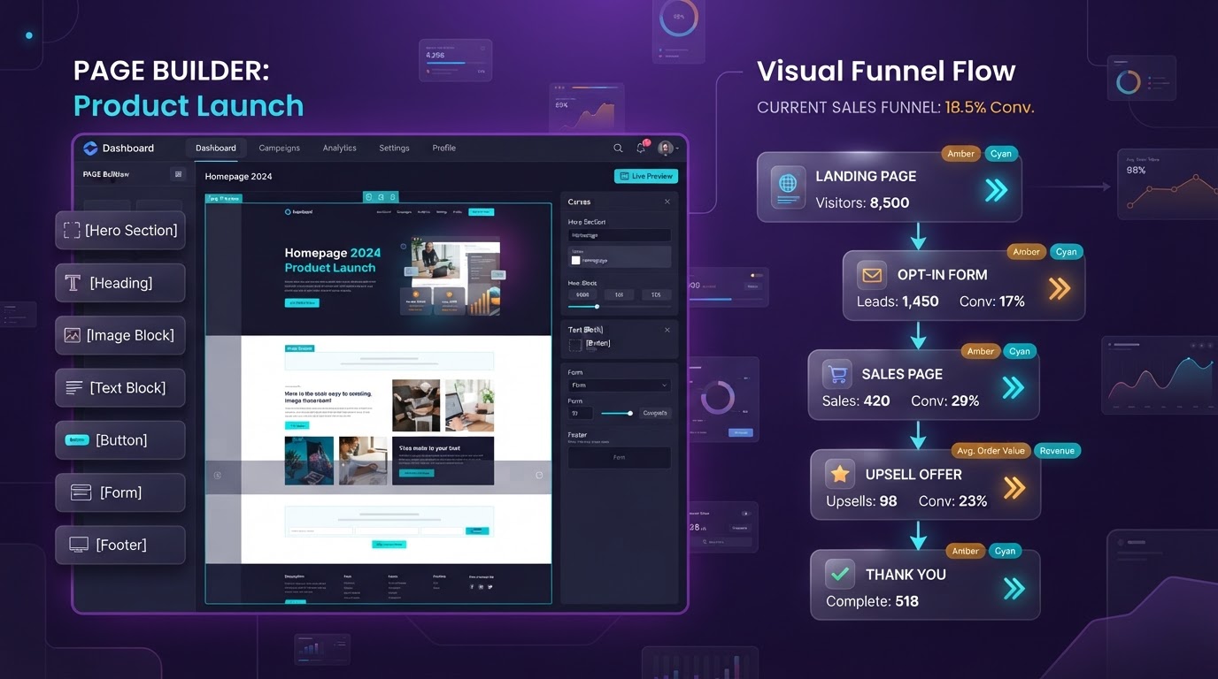 Websites and sales funnel builder interface inside DIGI5Y CRM with drag-and-drop editor, multi-step funnels, landing pages, and conversion analytics