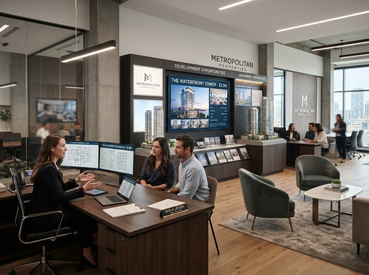 Modern real estate office with property listings on screens