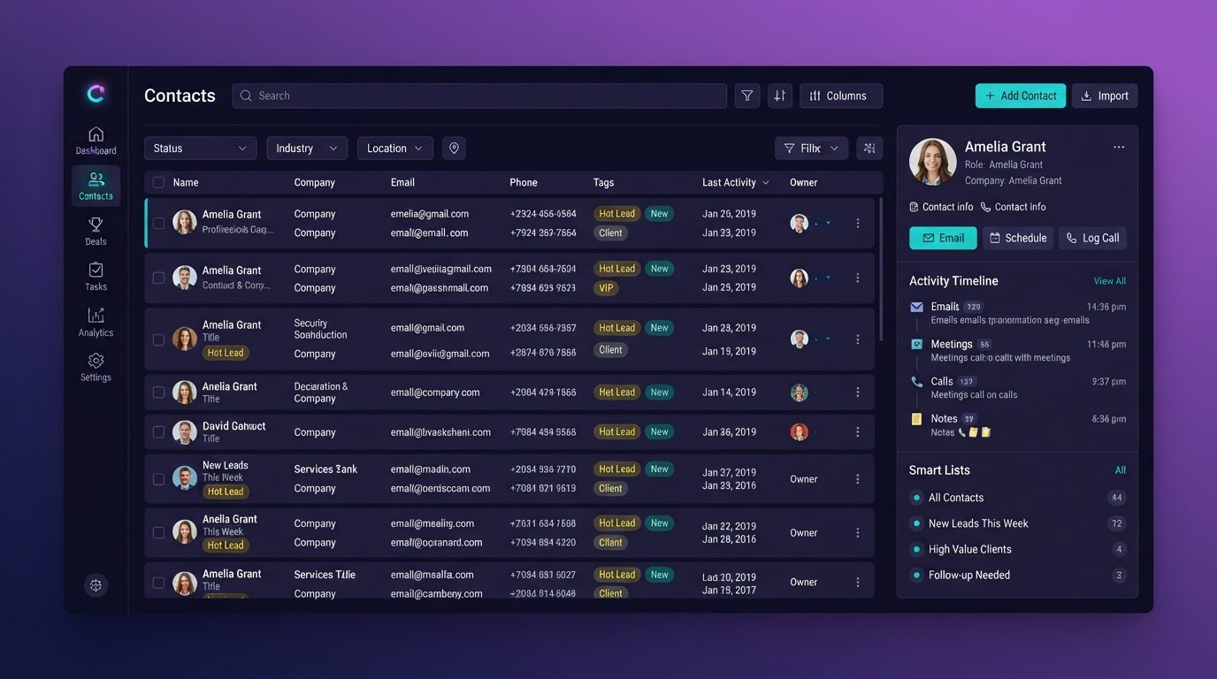 Contacts database management interface with smart lists and activity timeline in DIGI5Y CRM