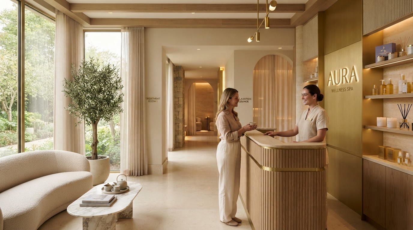 Luxurious modern spa reception with calm zen ambiance and elegant treatment rooms