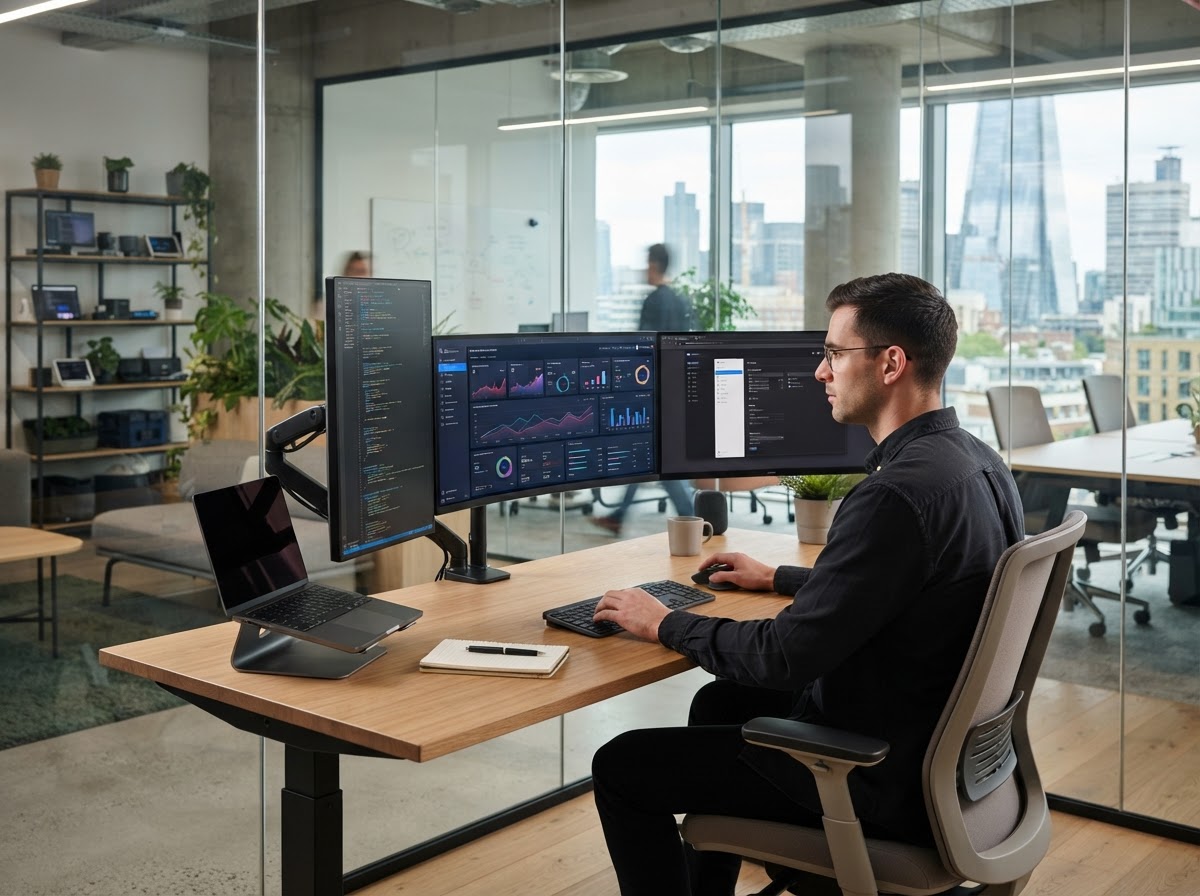 Modern SaaS startup workspace with solopreneur at multiple monitors