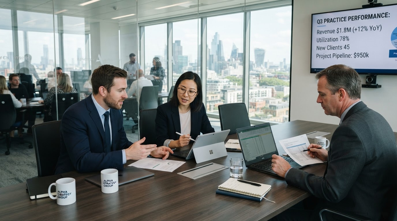 Multi-office professional firm management dashboard showing lawyers, accountants and consultants collaborating across multiple practice areas and locations with performance analytics