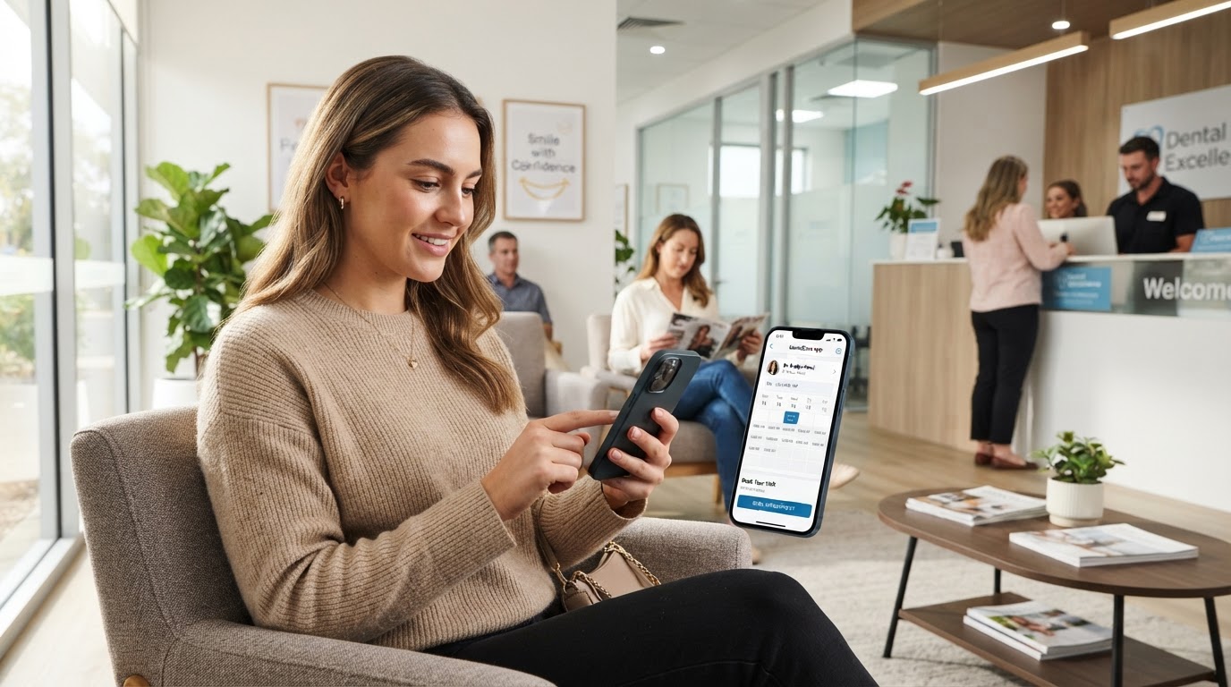 Dentist using tablet for patient appointment scheduling in modern dental operatory
