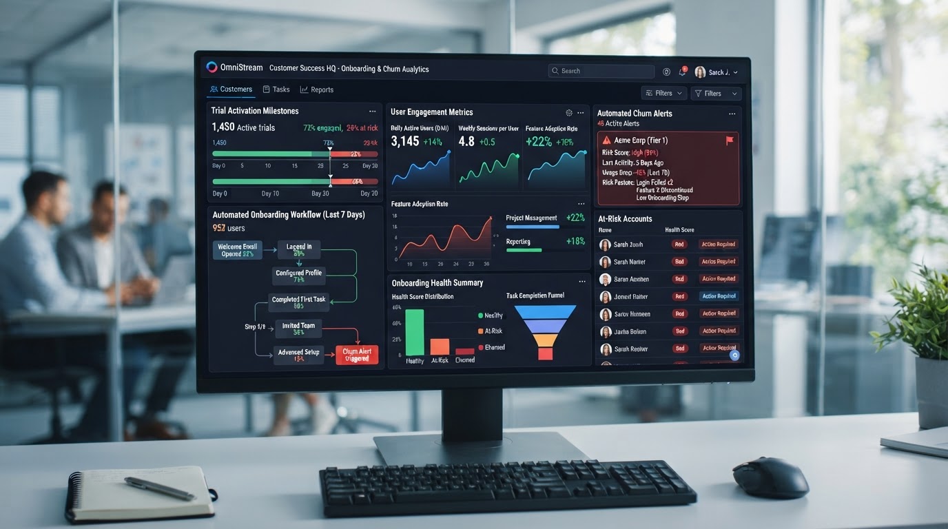 Cloud SaaS customer success and automated onboarding workflow screen displaying trial activation milestones and churn alerts
