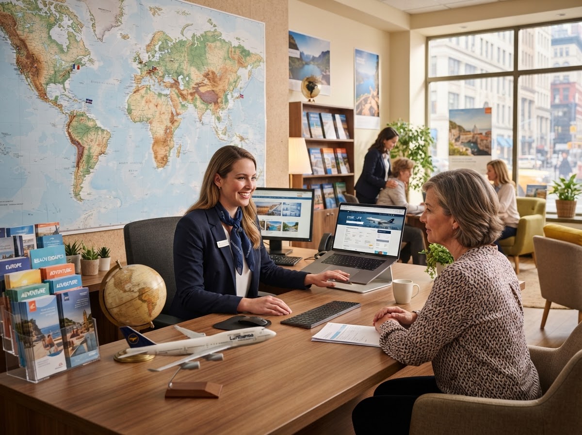 Professional travel agency office with world map and brochures