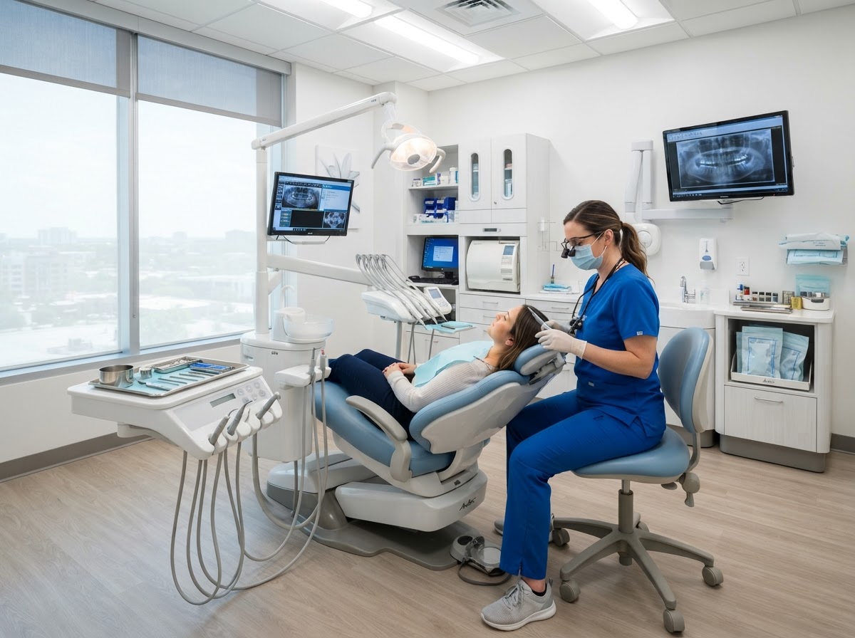 Modern dental clinic interior with dental chair and equipment