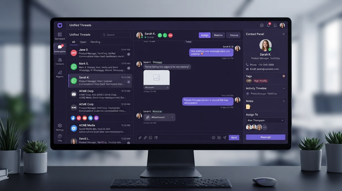 Unified omni-channel conversations inbox interface in DIGI5Y CRM with SMS, WhatsApp, email and social messaging