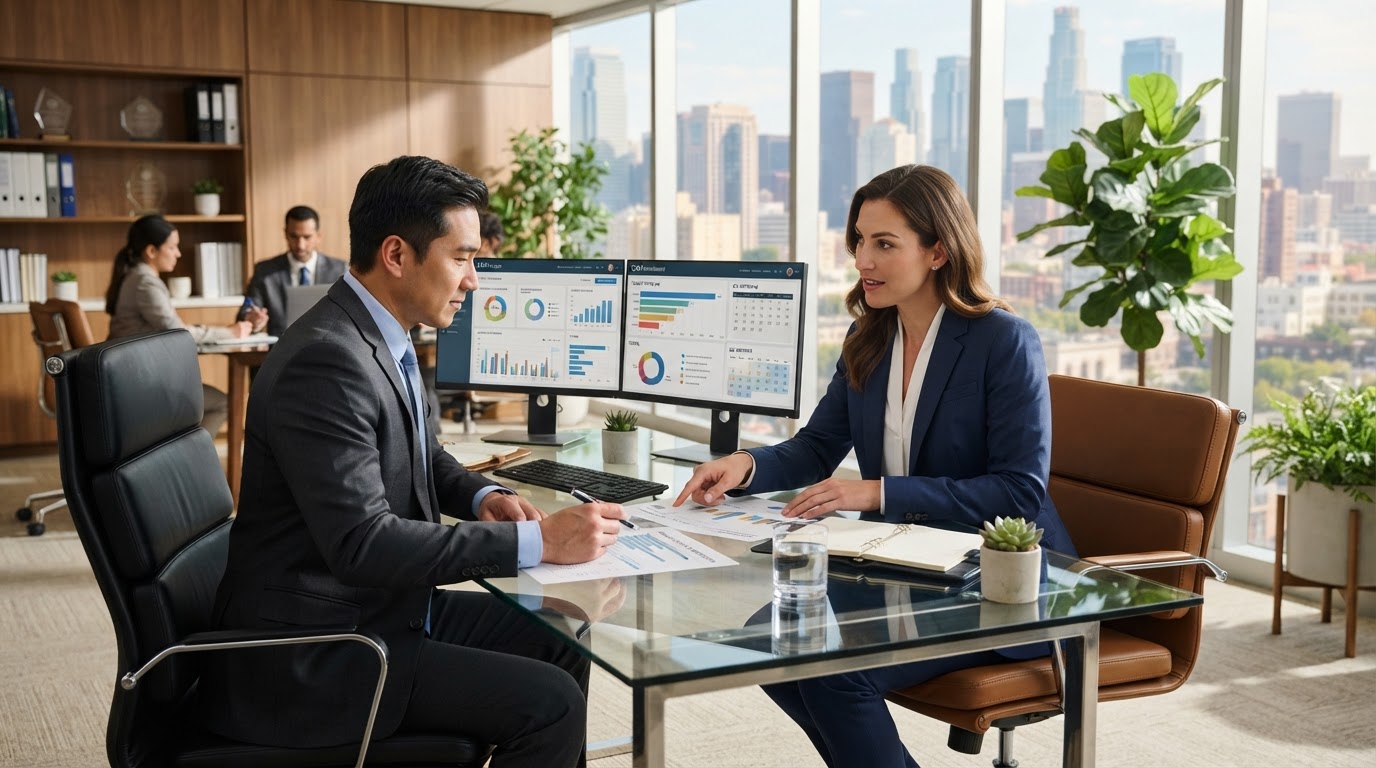Professional law firm and accounting office with lawyer and accountant reviewing client documents at modern sleek desk with CRM dashboard