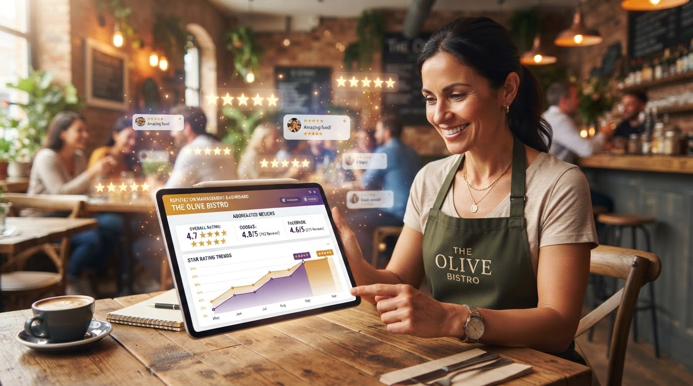 Restaurant reputation management dashboard with Google reviews and star rating analytics