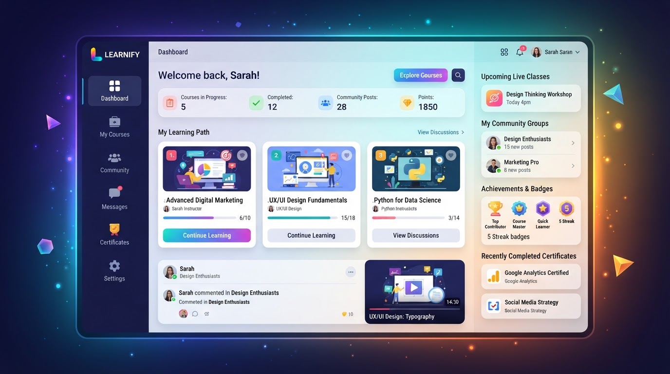 DIGI5Y membership and learning platform with branded client portal, course builder, video lessons, community groups, progress tracking, certificates, and paid memberships