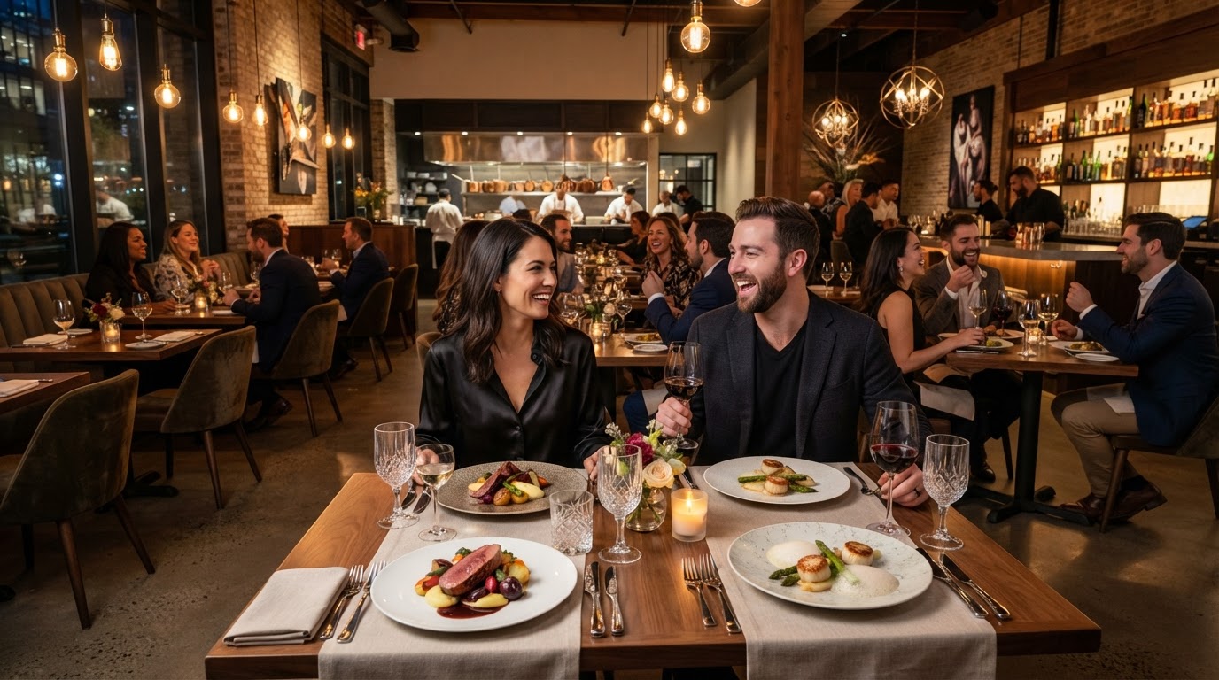 Modern restaurant dining room with AI booking notifications