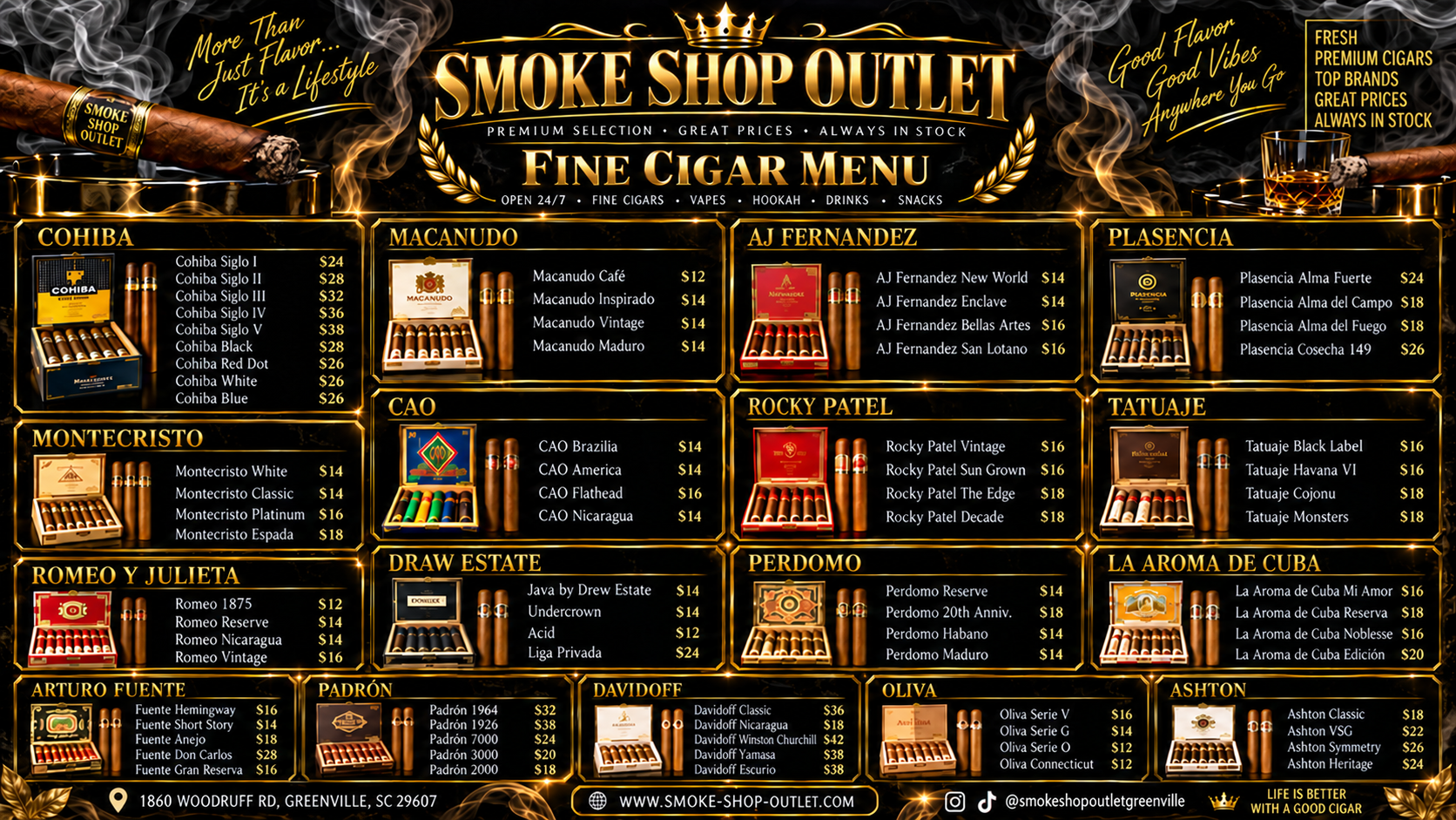 Smoke Shop Outlet Fine Cigar Menu Woodruff Road Greenville SC