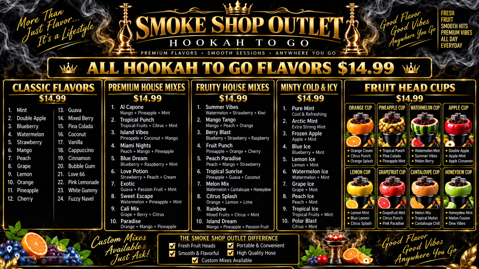 Smoke Shop Outlet Hookah To-Go Menu - Flavors, Packages & Mixes