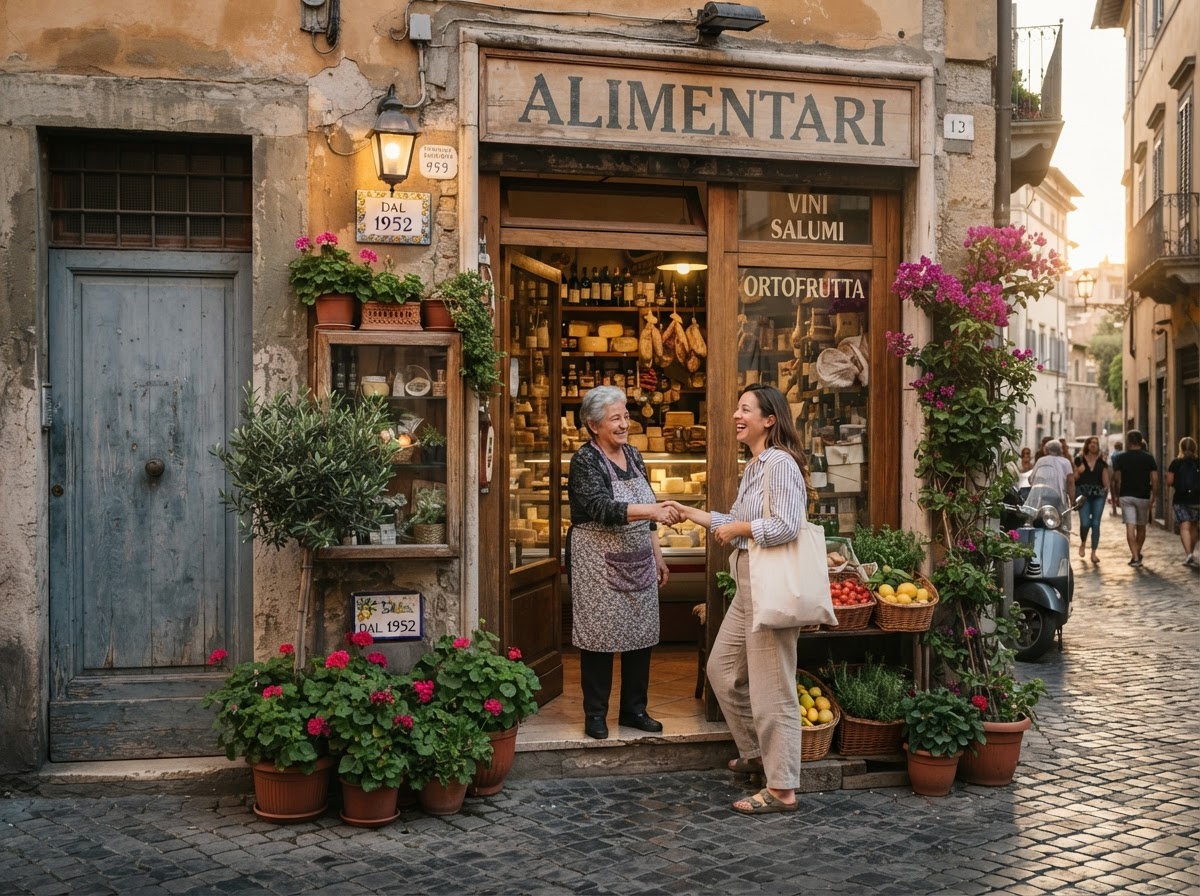 Negozio italiano con titolare che accoglie un cliente sulla soglia