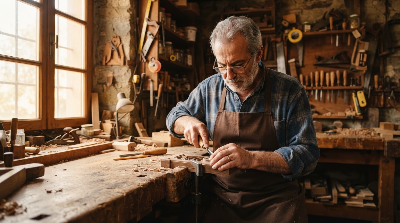 Artigiano italiano al lavoro nel suo laboratorio