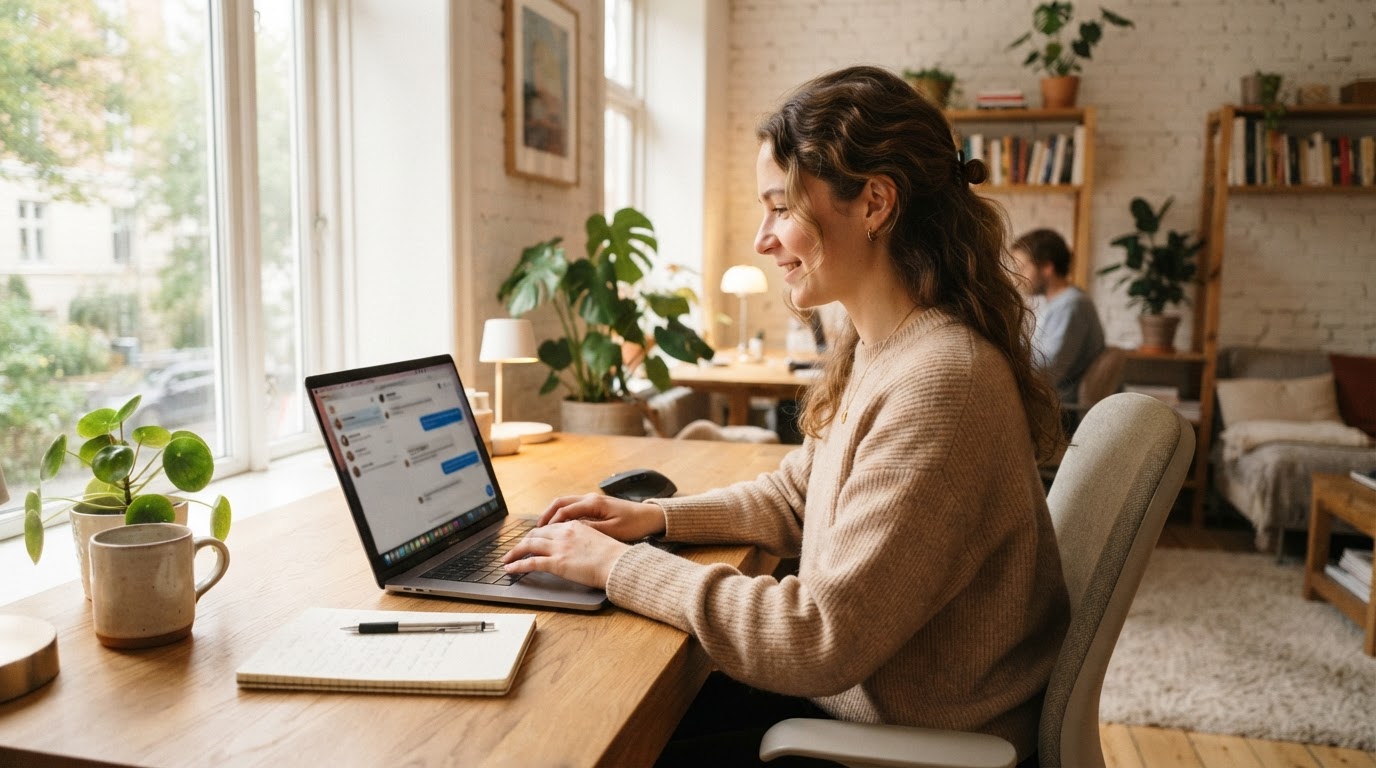 Medarbetare som skriver på en laptop i ett ljust skandinaviskt kontor med kundchatt på skärmen