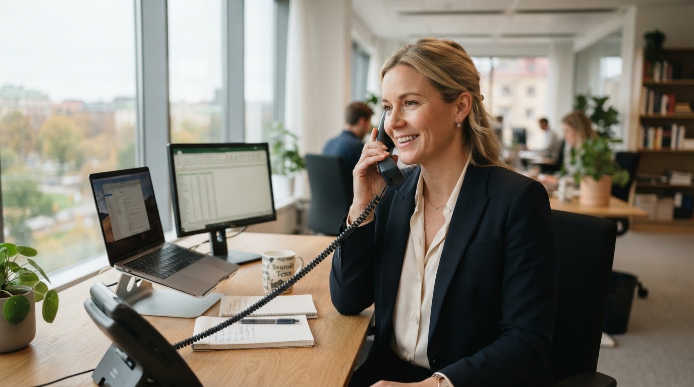 Nordisk medarbetare som pratar i telefon vid en ljus reception i en ljus kontorsmiljö