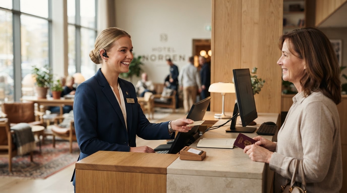 Vänlig nordisk receptionist med diskret headset vid en ljus servicedisk