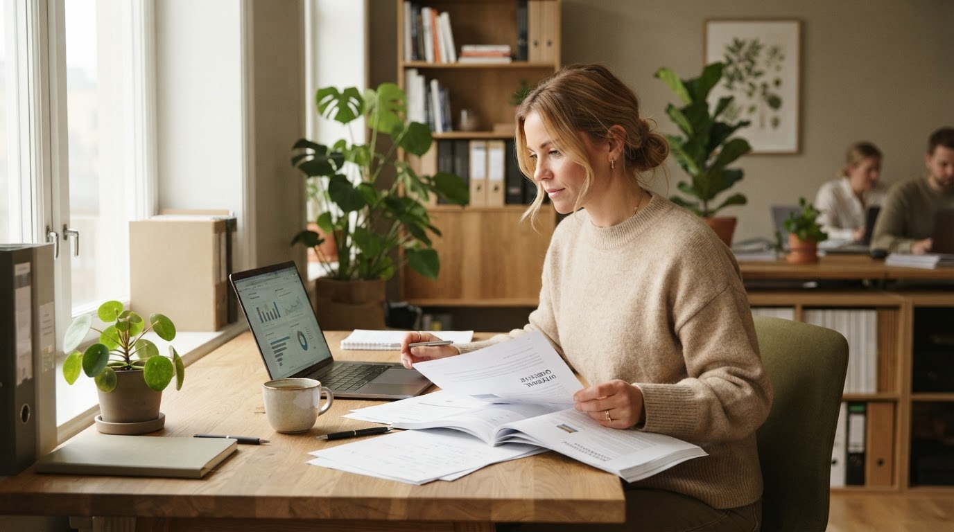Medarbetare som går igenom dokument och kunskapsbas på en bärbar dator i ett ljust svenskt kontor
