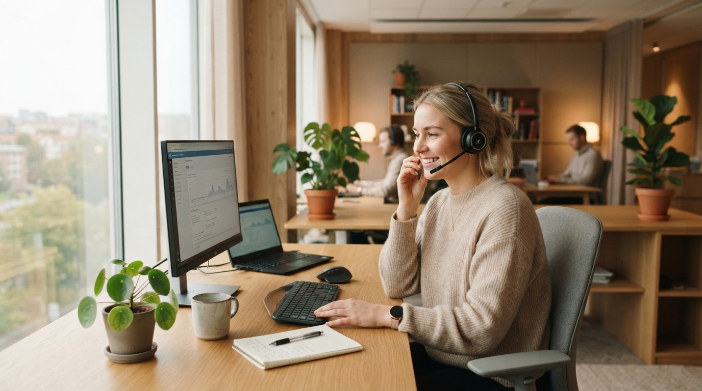 Nordisk kundservicemedarbetare med headset vid ett telefonsamtal i en ljus kontorsmiljö