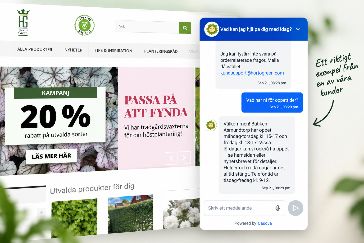 Ett riktigt exempel från en av våra kunder - Casova chatbot på Hortogreen webbplats