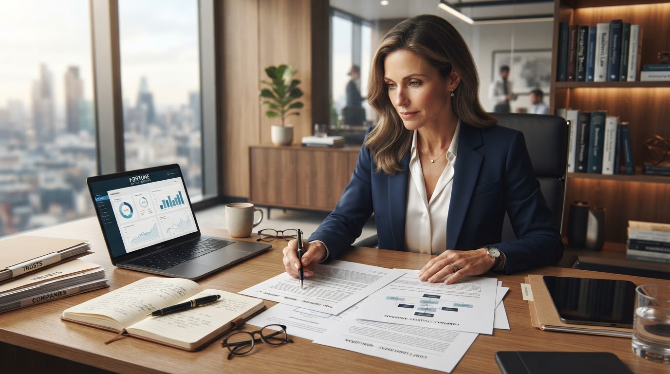 Investor reviewing trust and company structure documents before buying property