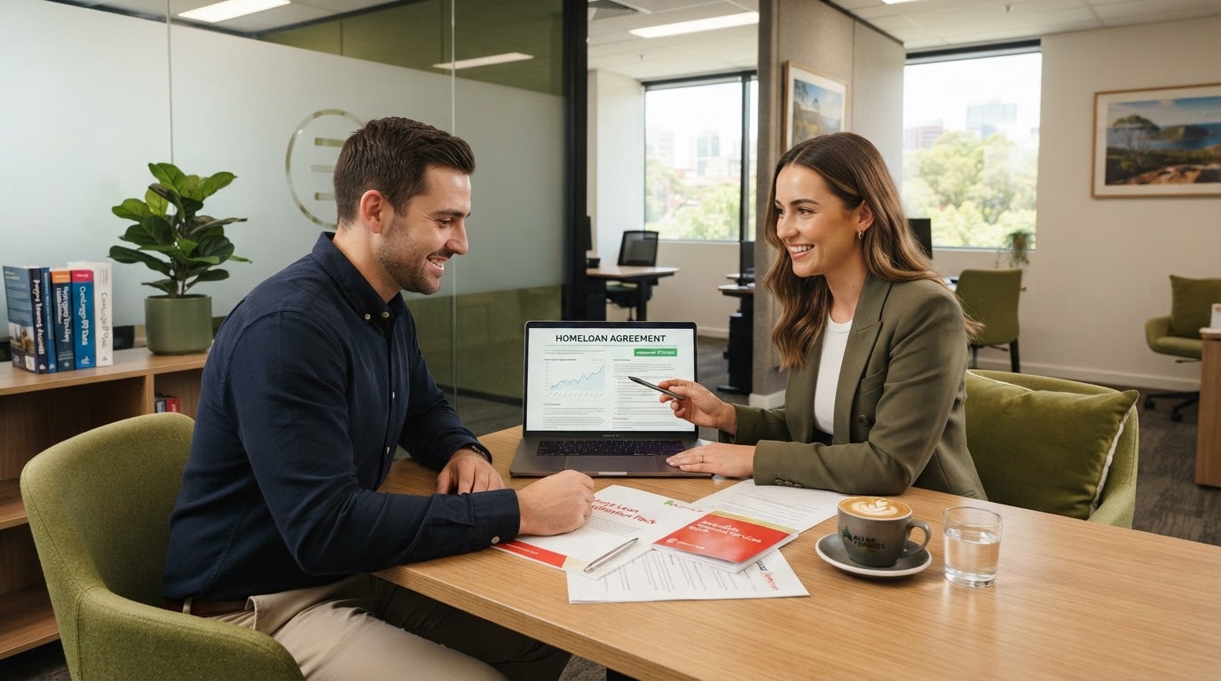 Borrower and mortgage broker reviewing genuine home loan documents