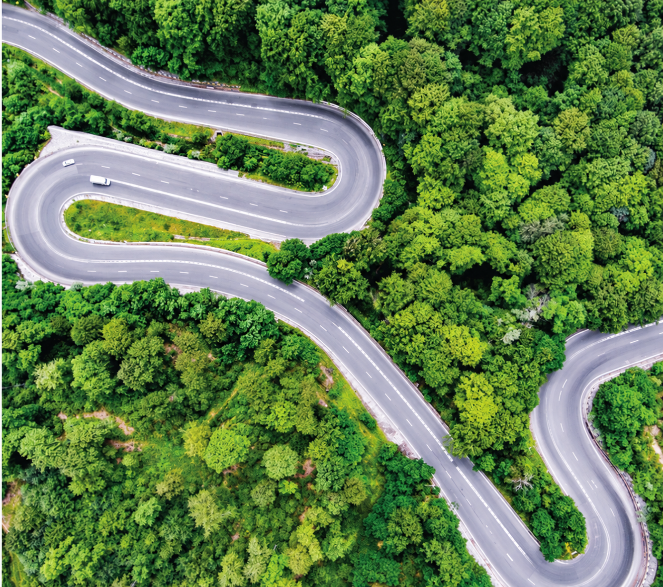 Aerial view of a winding road through a forest, symbolising the journey to the right loan