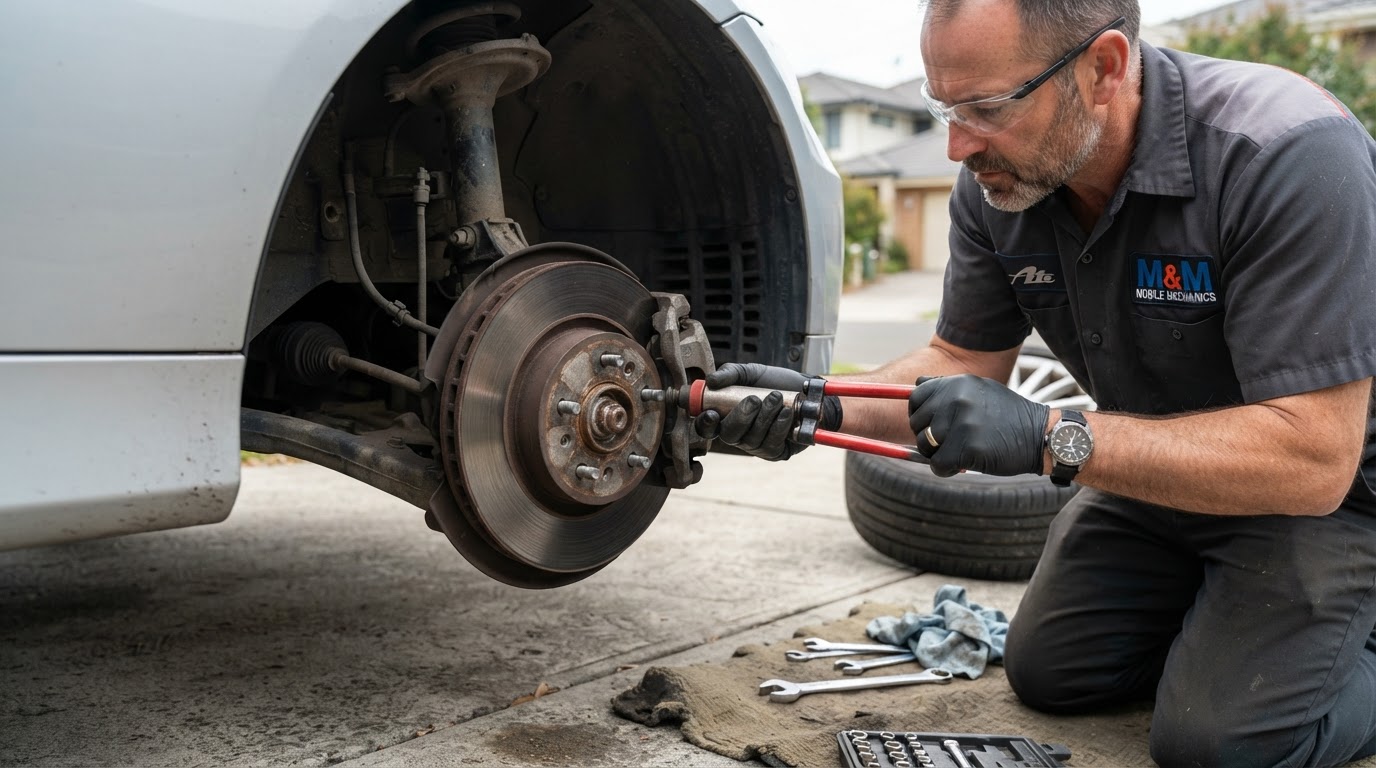 Mobile mechanic compressing a brake caliper piston with a tool during brake pad replacement