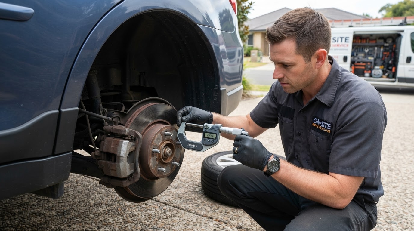 Mechanic checking a brake rotor with a micrometer for thickness and lateral runout