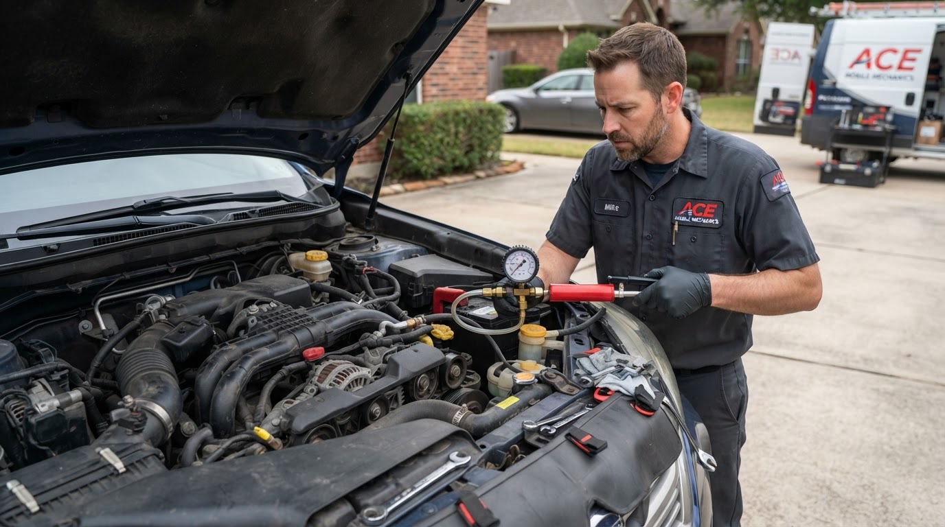 Mobile mechanic pressure-testing a car cooling system with a hand pump tester attached to the radiator