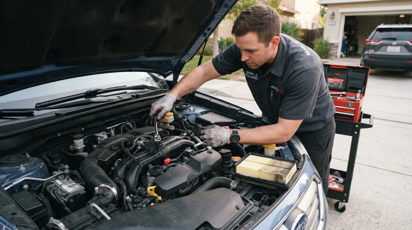Mobile mechanic performing a tune-up, replacing ignition coils and air filter under the hood