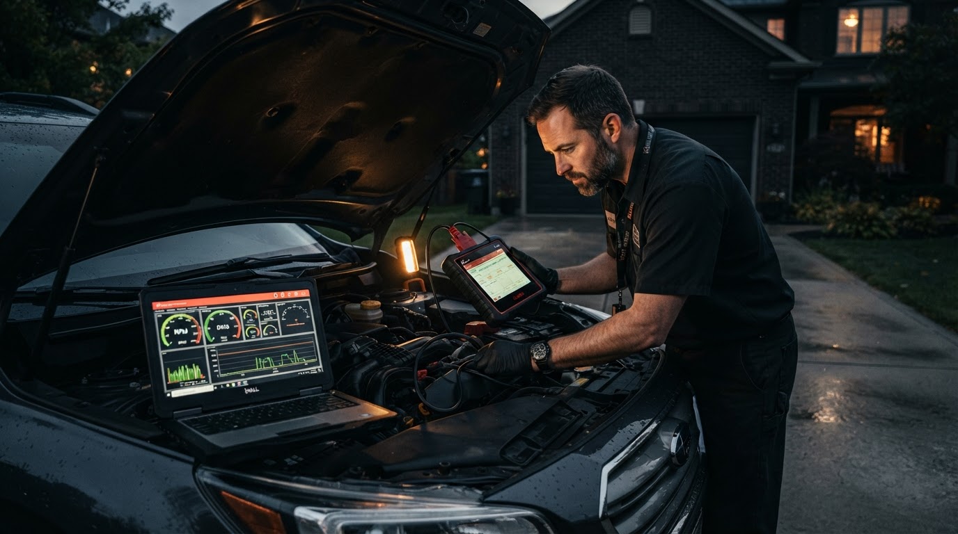 Mobile mechanic performing OBD-II engine diagnostics on a car in a Bloomington, IN driveway