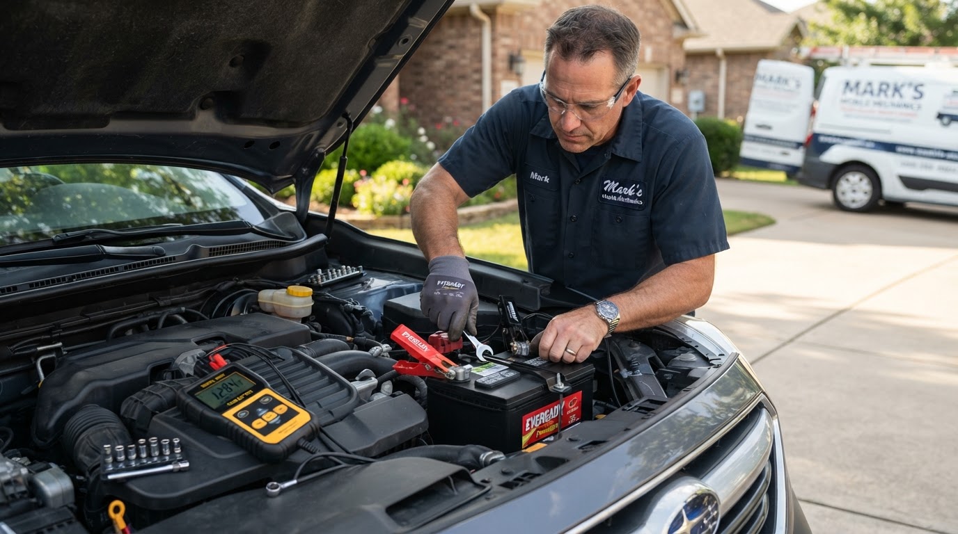 Mobile mechanic installing a new car battery and cleaning terminals in a Bloomington, Indiana driveway