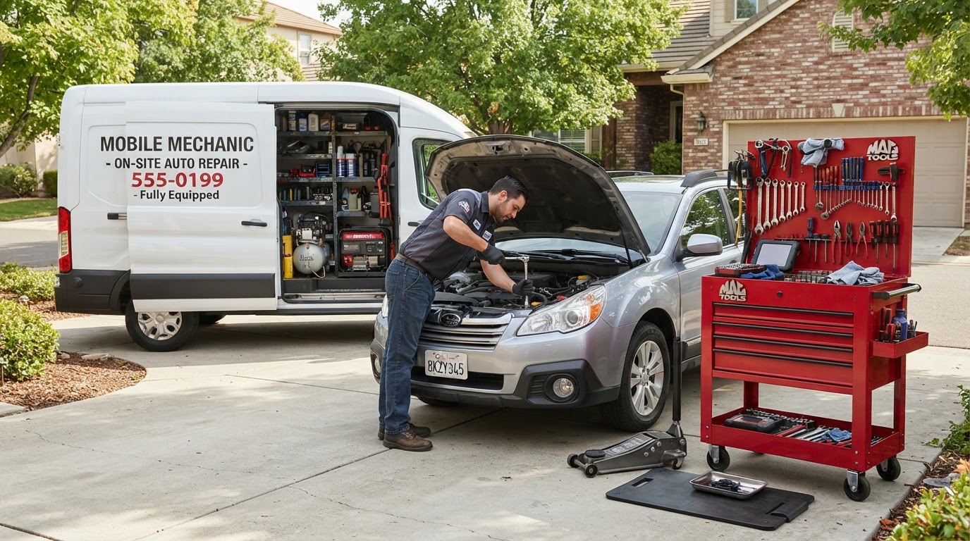 Mobile mechanic's service vehicle and organized tool cart parked next to a customer's car