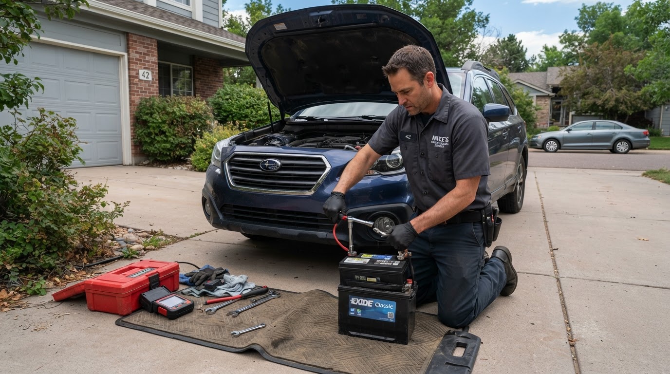Mechanic replacing a car battery at a customer's home in a residential driveway