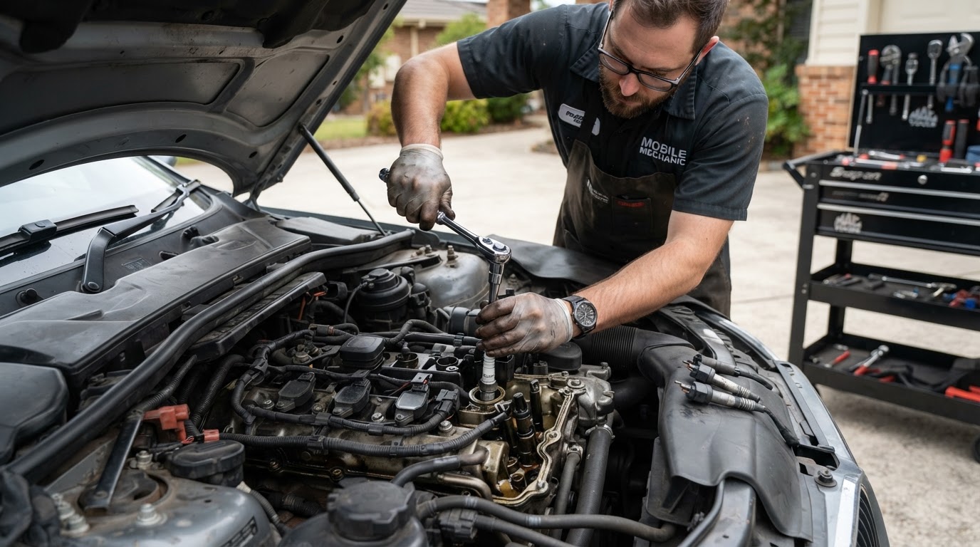 Mobile mechanic installing a new iridium spark plug into an engine cylinder head with a socket