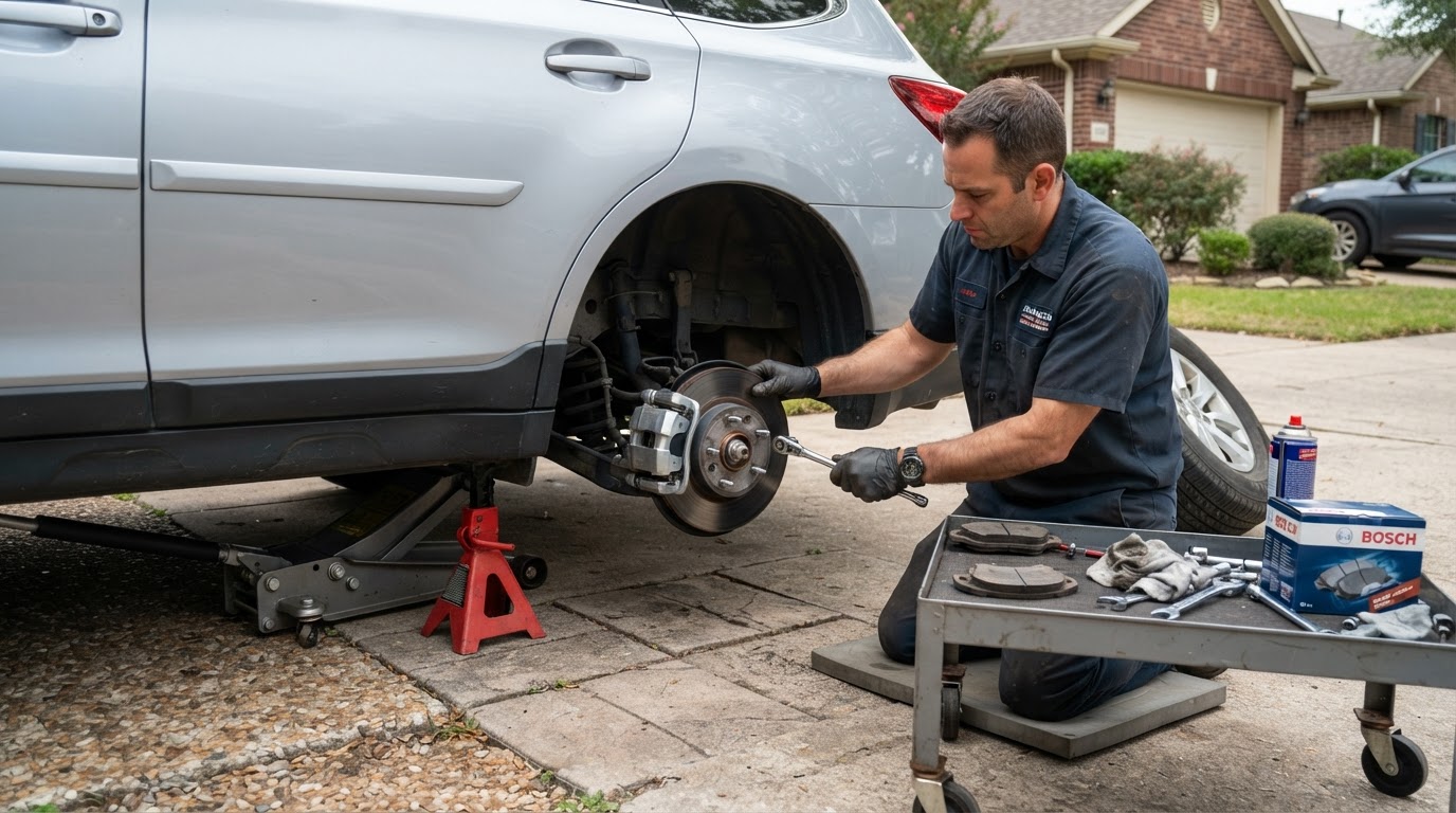 Mobile mechanic replacing brake pads and inspecting a brake caliper at a vehicle in Bloomington, Indiana