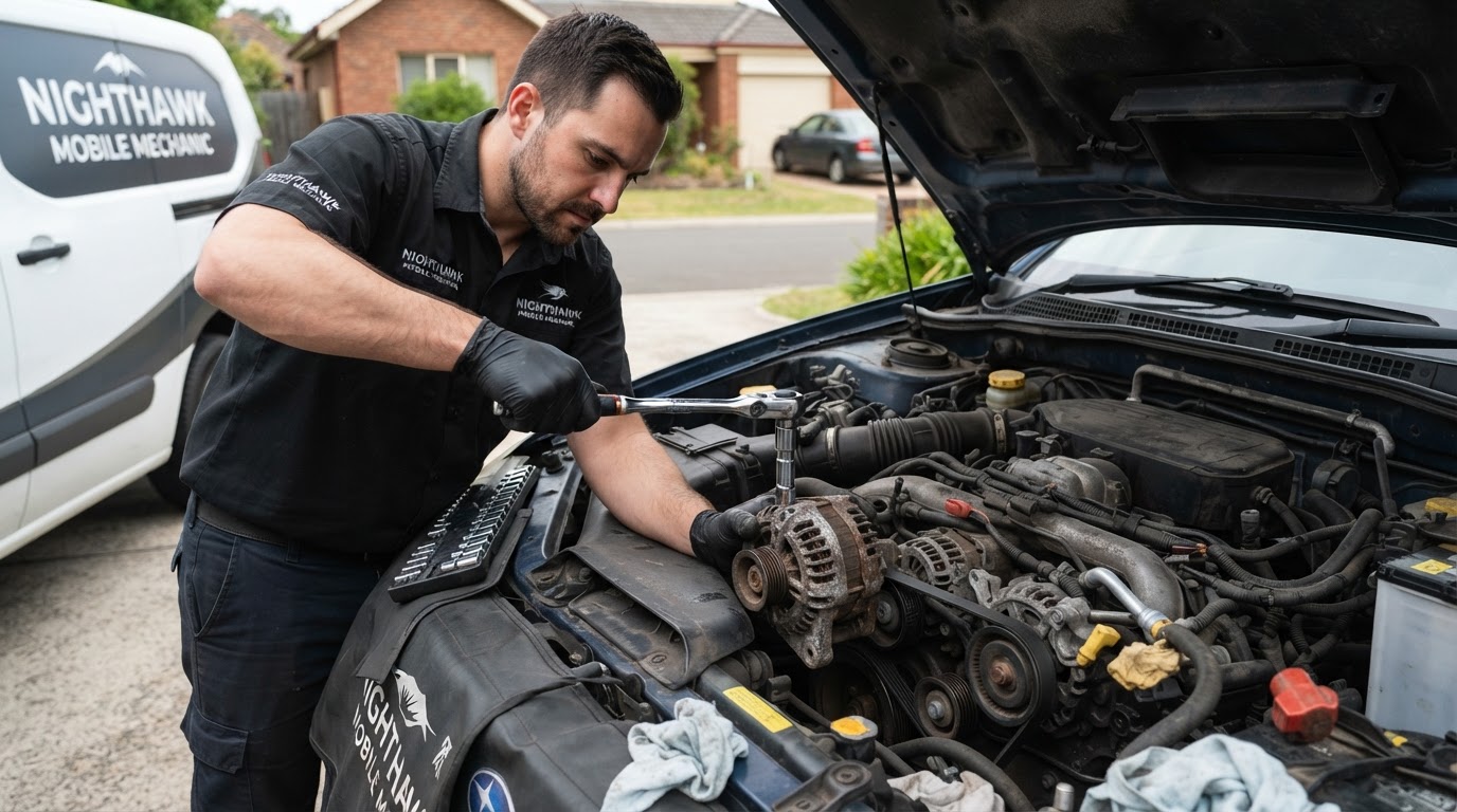 Mobile mechanic removing a worn alternator from an engine bay with a ratchet