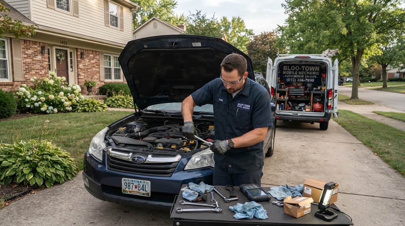 Mobile mechanic performing hands-on repair work on a car at a home in the Bloomington area