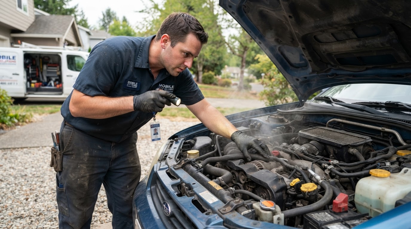 Mobile mechanic inspecting a car cooling system and radiator hoses during an overheating diagnosis in Bloomington, Indiana