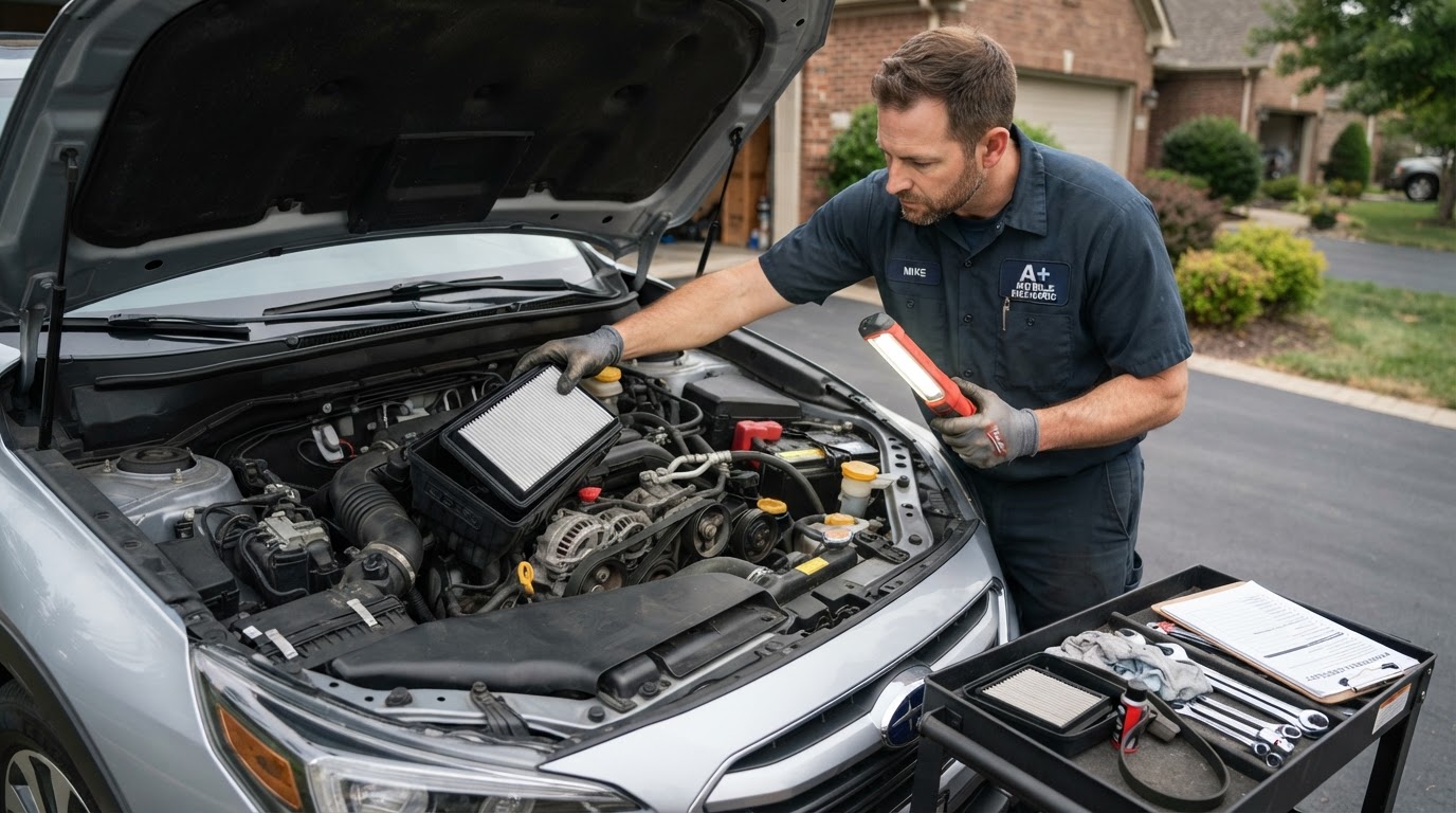 Mechanic replacing an engine air filter and inspecting belts during scheduled maintenance